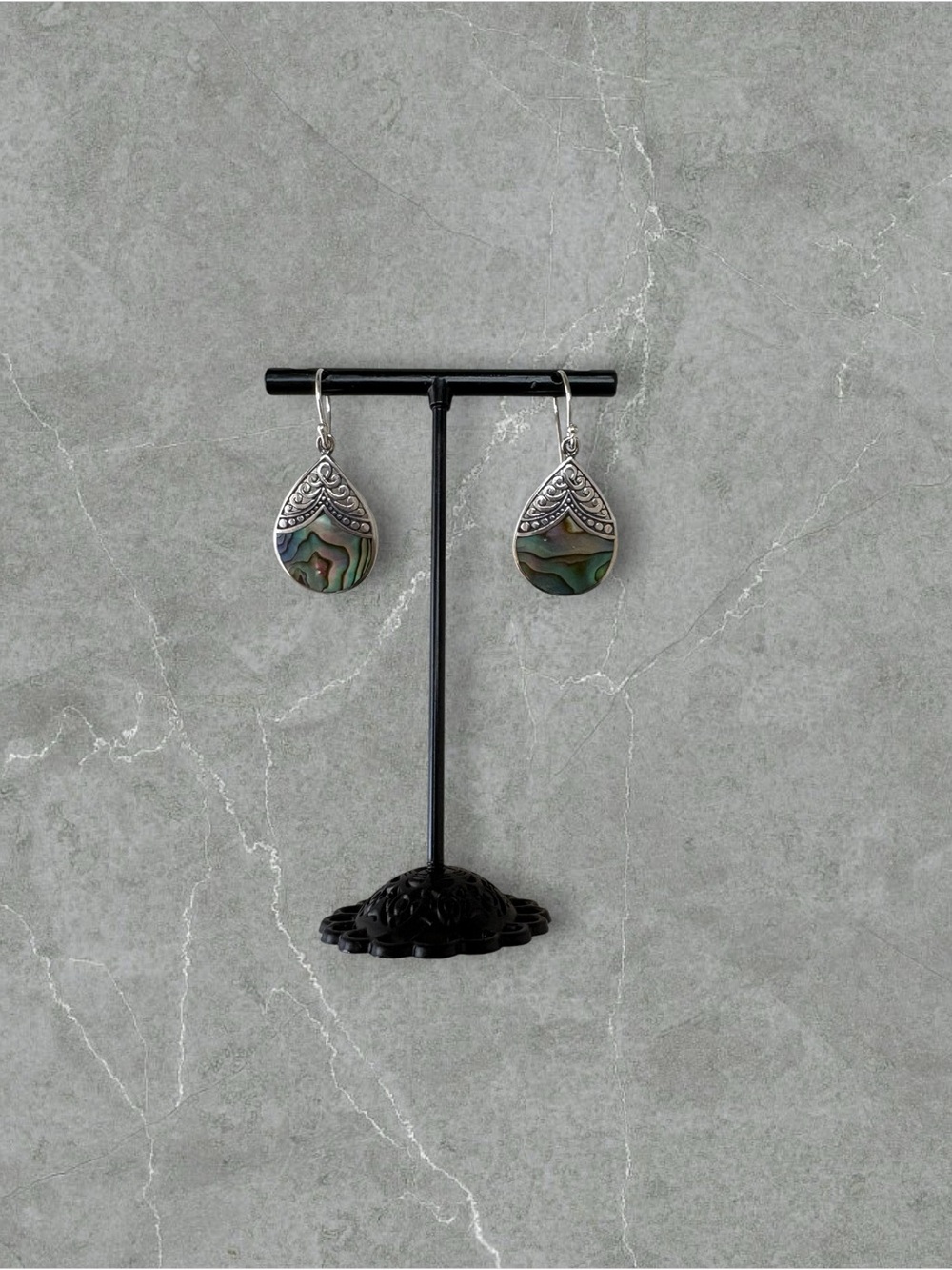 Platinum over 925 Silver Abalone & Filigree Dangle Earrings